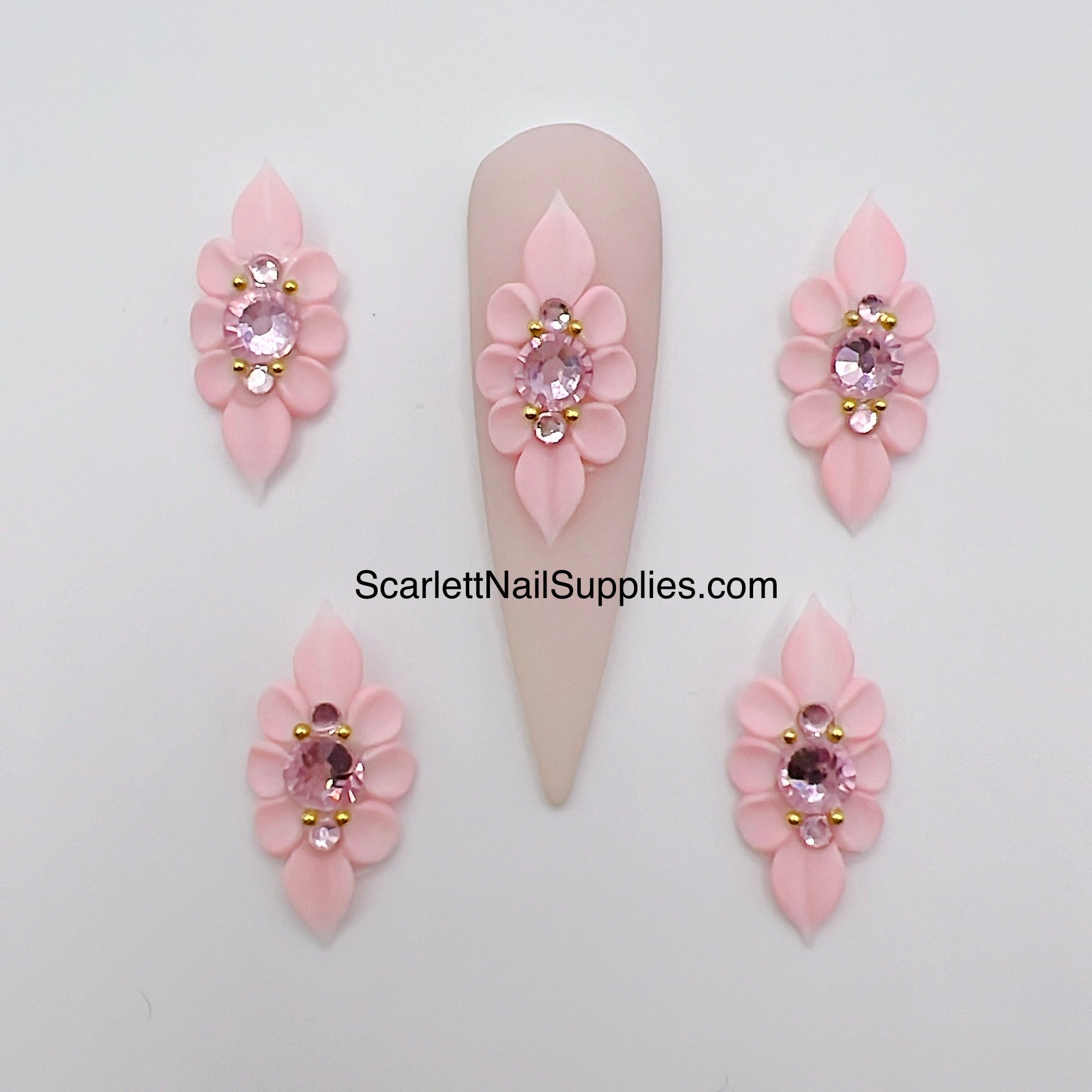 4pcs LONG Pink 3D Acrylic Nail Flowers
